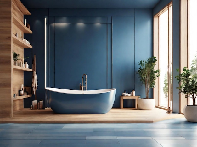 un baño azul con una tina y una ventana con una tina blanca en el medio