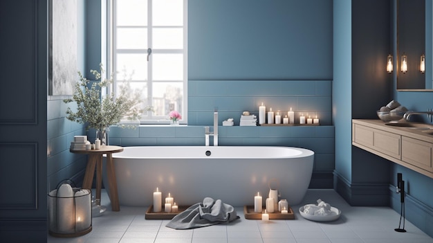 Un baño azul con velas y velas en el suelo.
