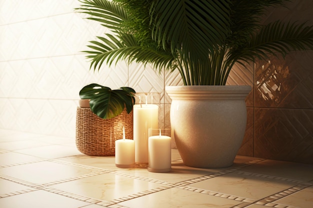 Baño de azulejos beige con velas y palmeras verdes en jarrón en el suelo creado con ai generativo