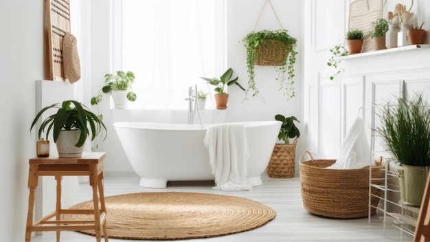 Un baño con bañera blanca y un cesto de plantas.