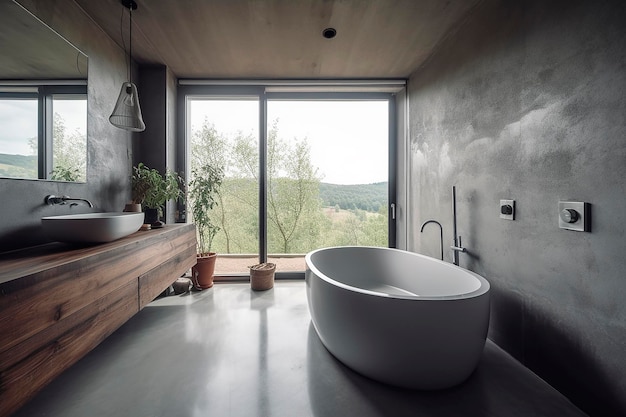 Un baño con bañera exenta y un gran ventanal con vista a las montañas.