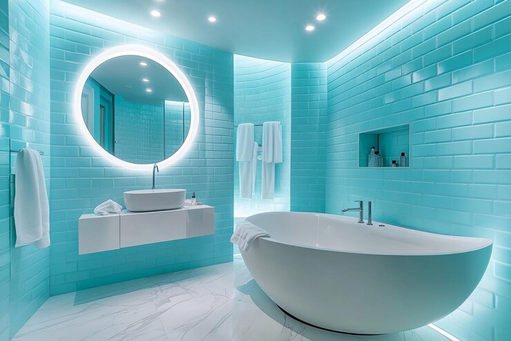 un baño con una bañera y un gran espejo redondo