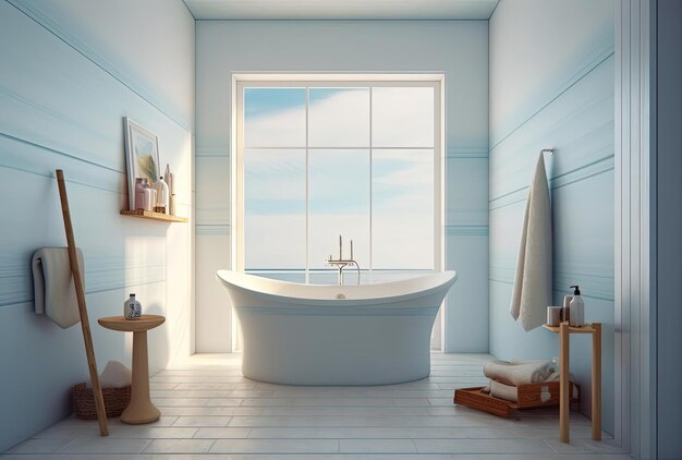 un baño con una bañera larga al estilo de cielo azul claro