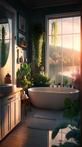 Un baño con bañera y plantas en la pared.