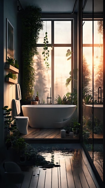 Un baño con bañera y plantas en la pared.