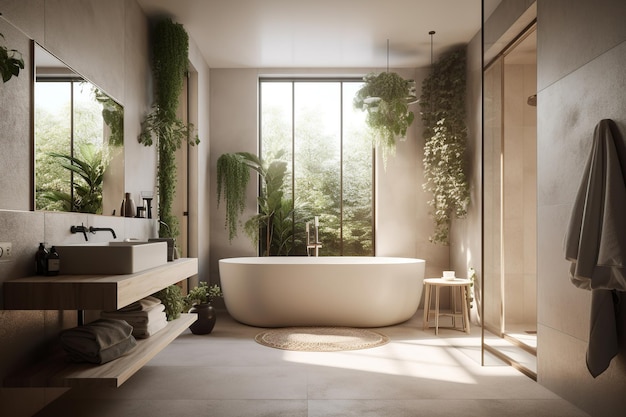 Un baño con bañera y plantas en la pared.