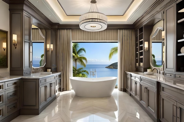 Un baño con bañera y una ventana con palmeras en la pared.
