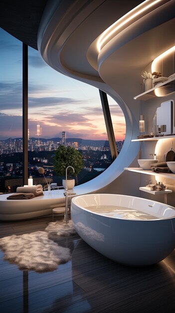 un baño con una bañera y una vista de la ciudad