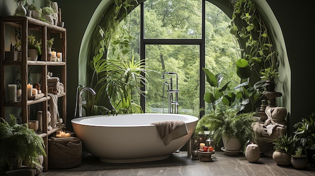 Baño blanco y brillante con un rico tema de bosque de vegetación verde