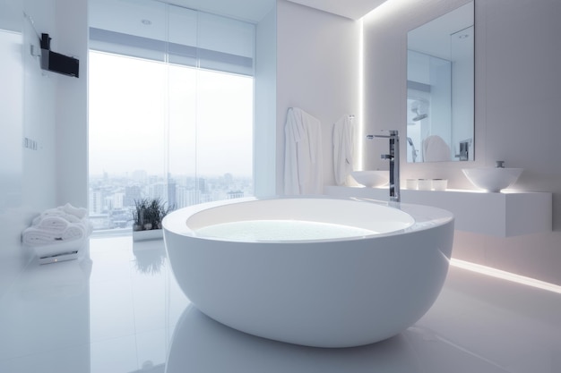 Baño blanco para lavar en un estilo moderno con un mezclador de agua fría y caliente cromado AI generado