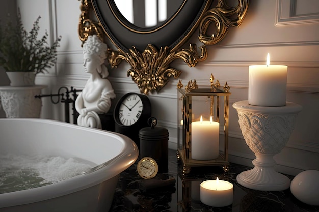 Baño blanco de lujo con detalles en negro y decoración ai generativa a la luz de las velas