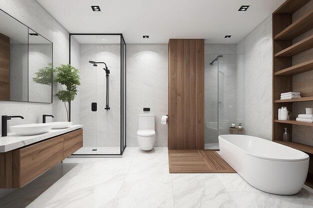 Baño blanco de madera y piedra minimalista en 3D