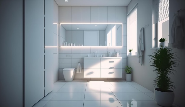 Baño blanco minimalista de estilo moderno IA generativa