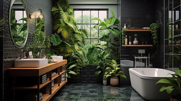 Baño brillante con azulejos de metro y una variedad de plantas de color verde oscuro de estilo bosque profundo