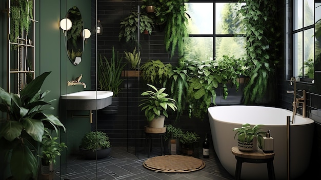 Baño brillante con azulejos de metro y una variedad de plantas de color verde oscuro de estilo bosque profundo