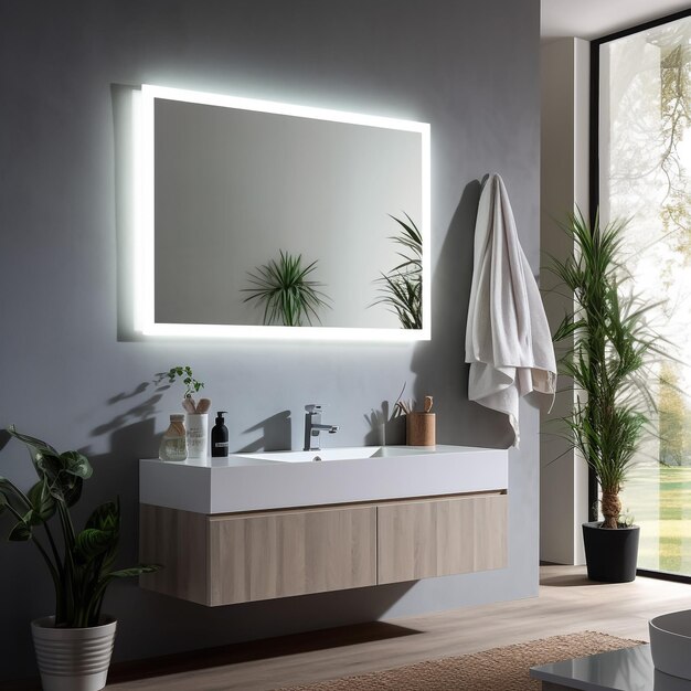 Foto baño brillante con espejo led moderno en 3d y un pequeño lavabo