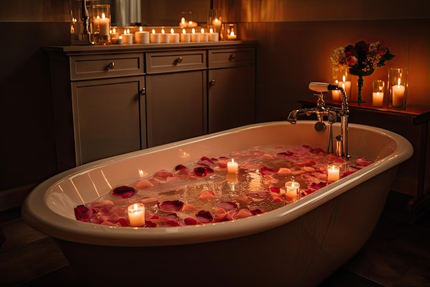 Baño de burbujas con pétalos de rosa y velas para una escapada romántica creada con ai generativa