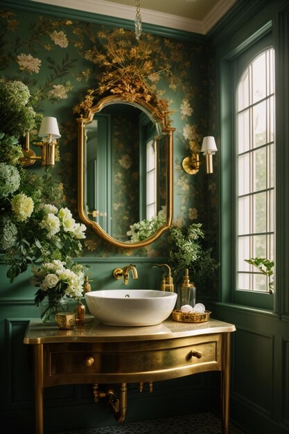 Baño de campo con papel de pared floral verde