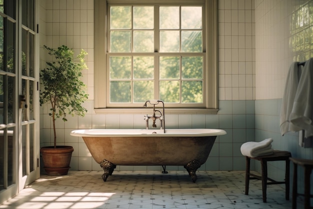 El baño de una casa de campo con una bañera rústica con patas debajo de un ventanal Soft diff