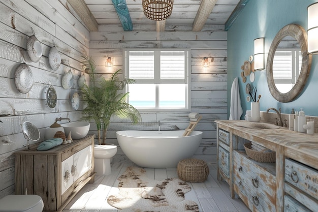 Baño chic costero con acentos de madera a la deriva y s