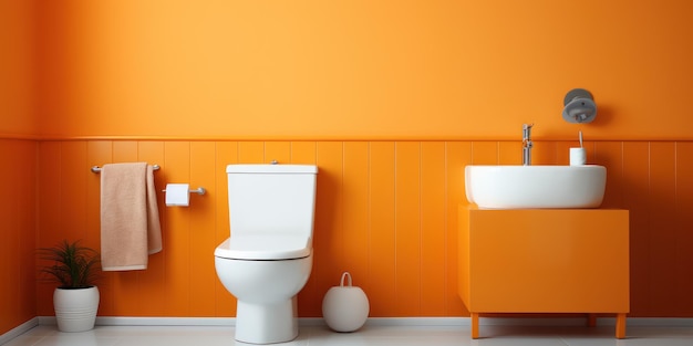 Baño de colores brillantes con un inodoro de color naranja vibrante que ofrece un toque de diversión