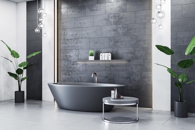 Baño contemporáneo con azulejos de piedra negra y bañera independiente Renderización en 3D