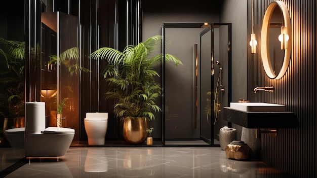 Foto baño contemporáneo con detalles en negro y dorado ai generativo