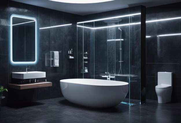 Foto baño contemporáneo con iluminación nocturna con espejo de bañera de ducha y lavabo