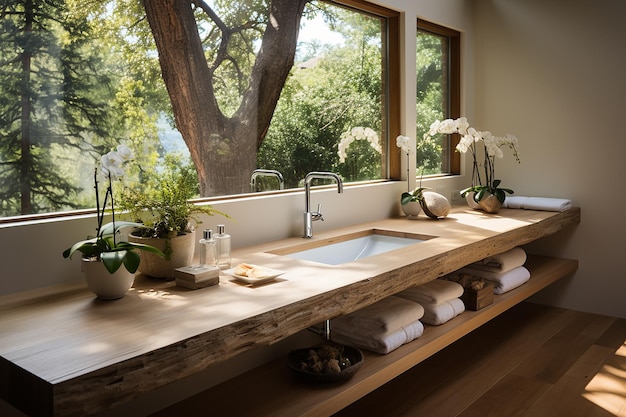 Baño contemporáneo paredes blancas suelo de madera