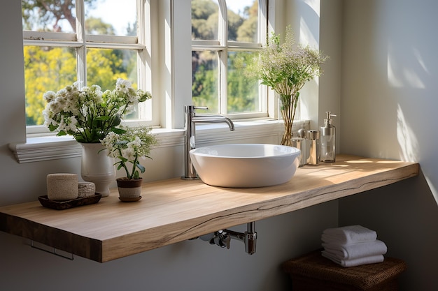 Baño contemporáneo paredes blancas suelo de madera