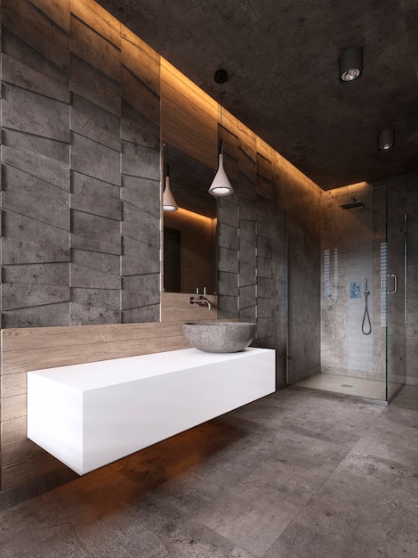 Baño contemporáneo en tonos oscuros con iluminación de techo. Representación 3D