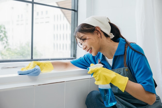 En un baño, una criada usa un paño de microfibra para limpiar los azulejos de cerámica con guantes de protección La limpieza rutinaria significa un compromiso con la pureza y la higiene en los servicios comerciales