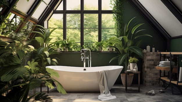 un baño de cristal brillante y elegante con una lujosa bañera y muchas plantas verdes y exuberantes que recuerdan la serenidad de un denso bosque