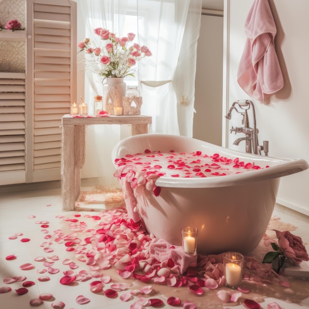 Un baño decorado con toallas de jabón en forma de corazón y un pétalo de rosa lleno