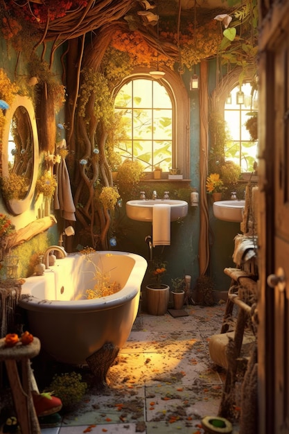 Un baño dentro de una cabaña con un gran árbol.