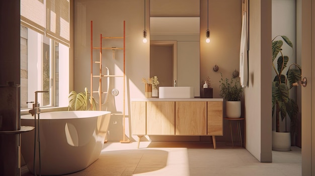 Baño de diseño interior minimalista con un estilo de tono beige acogedor decorado con decoración de madera Generative Ai