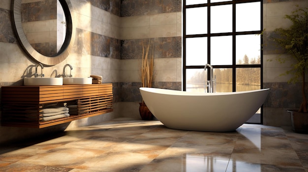 Baño de diseño de lujo con bañera en el centro concepto de estilo de vida AI generado