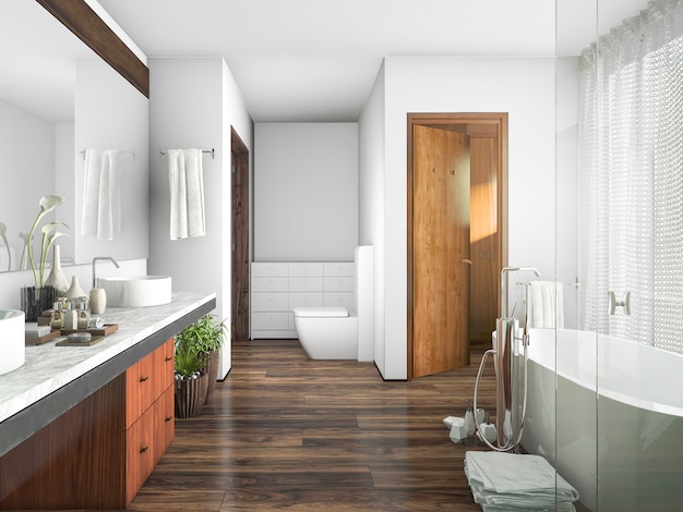 Baño de diseño de madera y azulejo de renderizado 3D cerca de la ventana una cortina