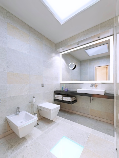 Baño de diseño minimalista. Uso de lámparas grandes en interiores modernos. Render 3D