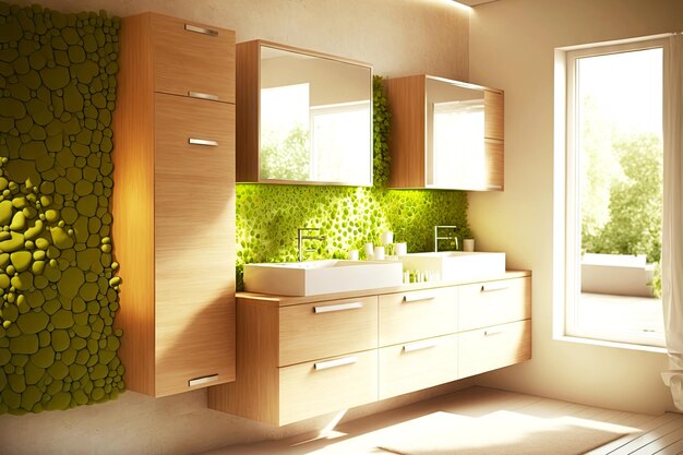 Baño ecológico con armarios de madera clara y accesorios hechos de materiales naturales