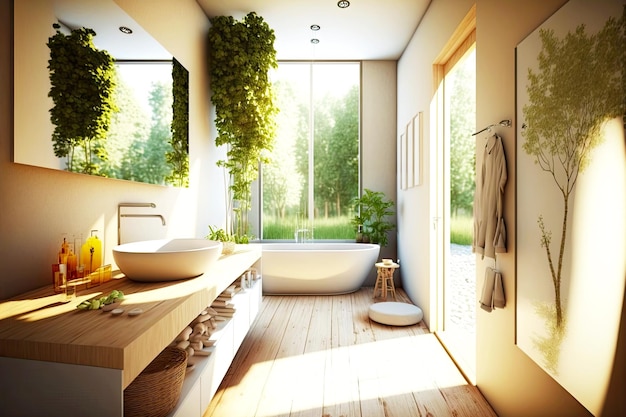 Foto baño ecológico natural en la habitación con suelo de madera clara