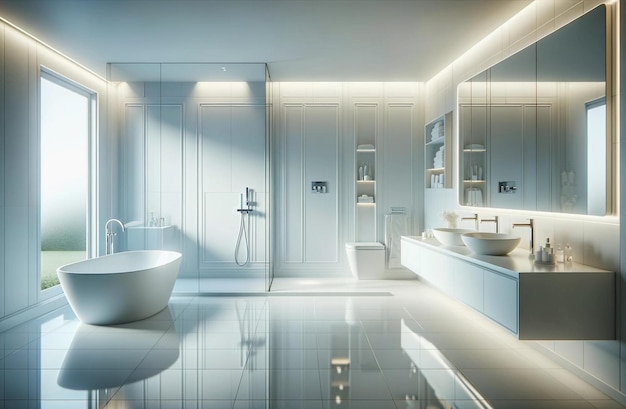 Un baño elegante y sereno en una residencia de lujo moderna diseñada con una estética blanca limpia el