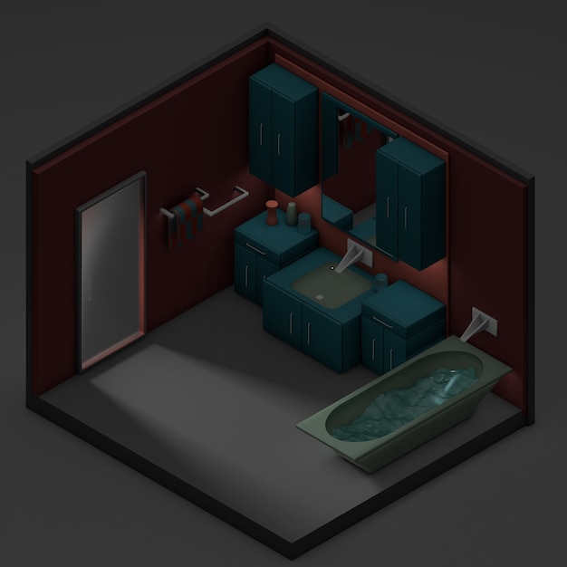 Foto baño de escena isométrica 3d en la noche.