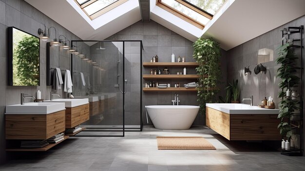 Baño espacioso con bañera y fregadero para relajarse e higiene