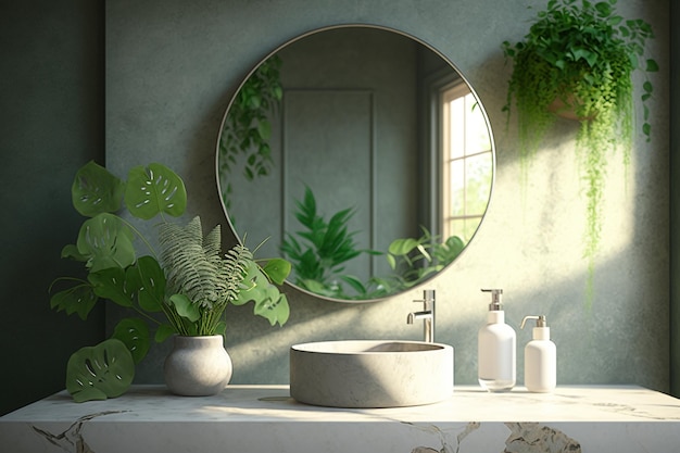 Baño con espejo redondo estilo tropical y plantas verdes Maqueta interior de baño moderno y elegante para el hogar IA generativa