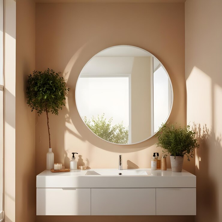 un baño con un espejo redondo y una planta en la pared