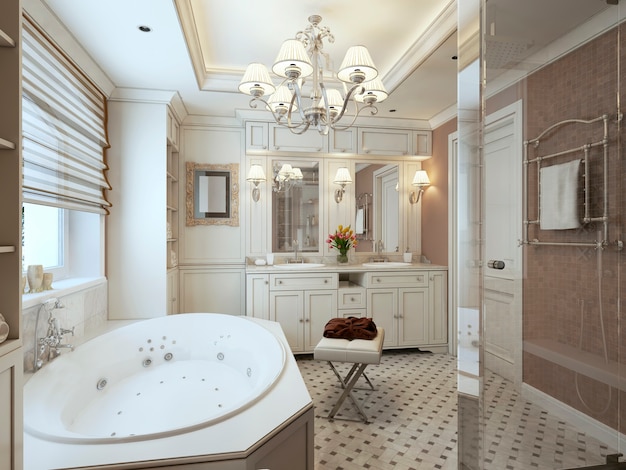 Baño de estilo clásico con muebles blancos y paredes marrones