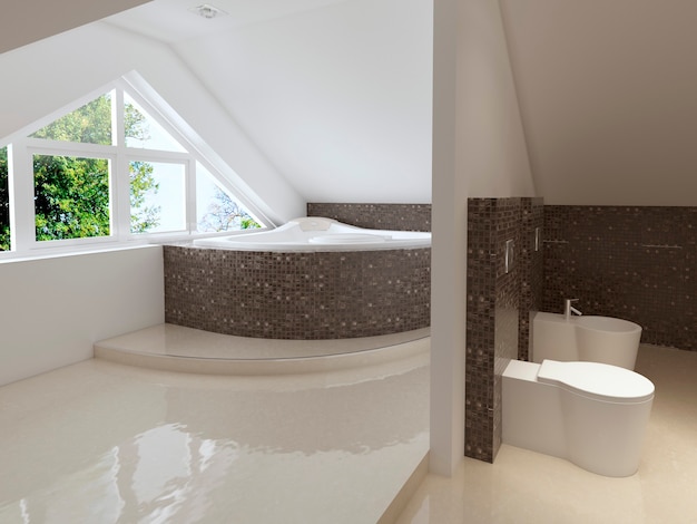 Baño de estilo contemporáneo en colores marrón y blanco. Representación 3D.