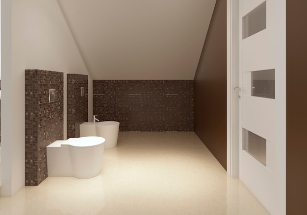 Baño de estilo contemporáneo en colores marrón y blanco. Representación 3D.