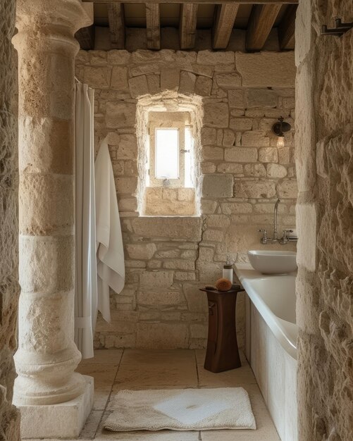 Foto baño de estilo italiano paredes de piedra y columnas